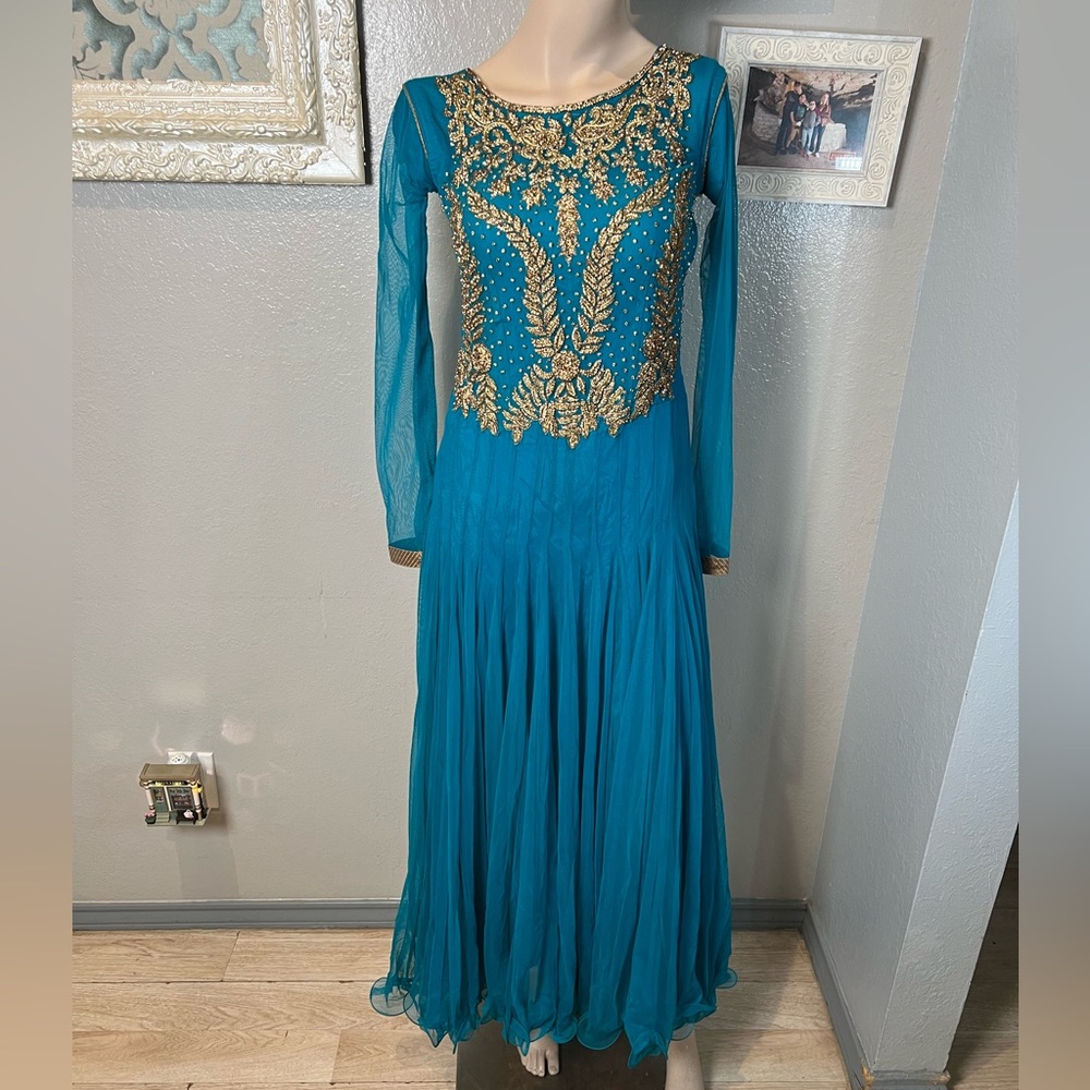 Teal Indian Dress with gold crystals